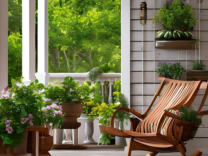 Front porch area with potted plants and wooden rocking chair.